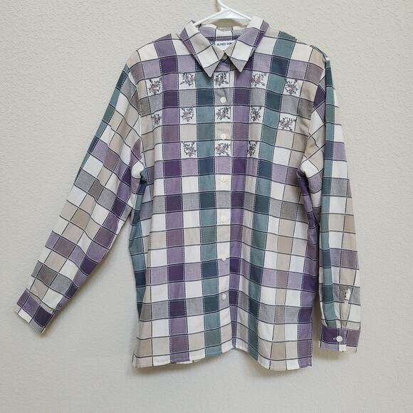 Alfred Dunner Button Up Shirt Womens 14 Floral Check Plaid Purple Embroidered - Picture 1 of 13